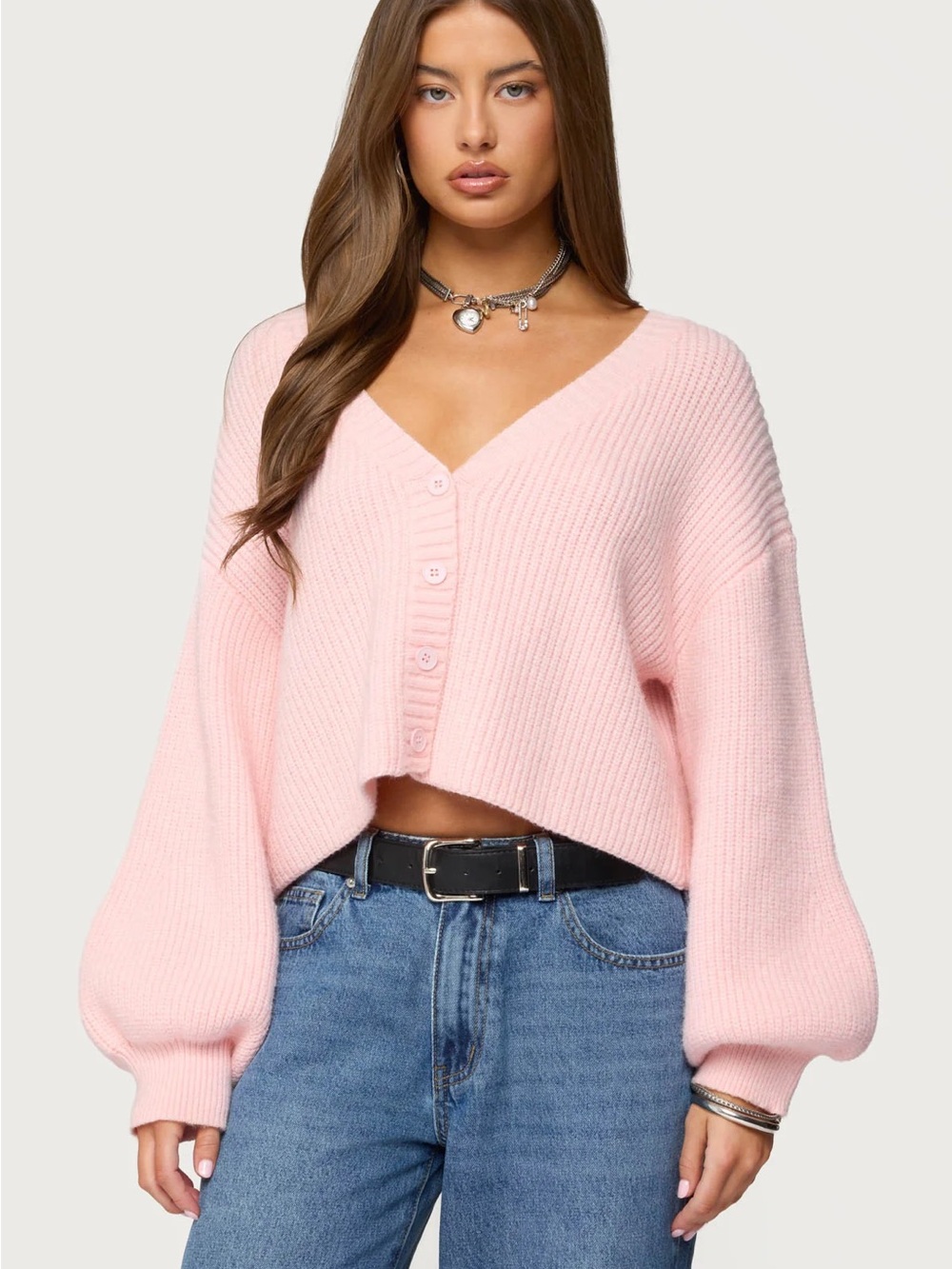 Edikted Light Pink Cropped V-Neck Button Cardigan